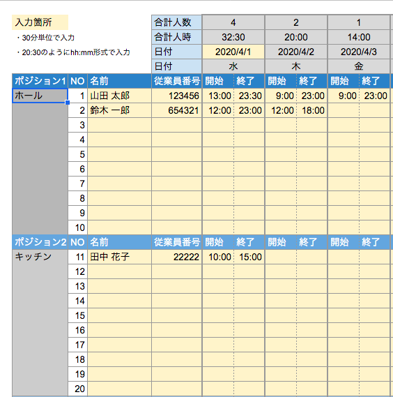 シフト表 グルーピング